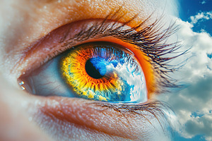 A close-up of a unique eye showcasing vivid colors resembling a sky filled with, a Person Photo by AlyaAnd