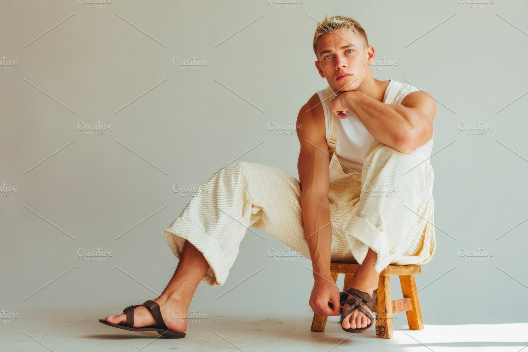 Man tying sandals with cotton pants, a Person Photo by Virgo Studio