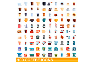 100 Coffee Icons Set, Cartoon Style