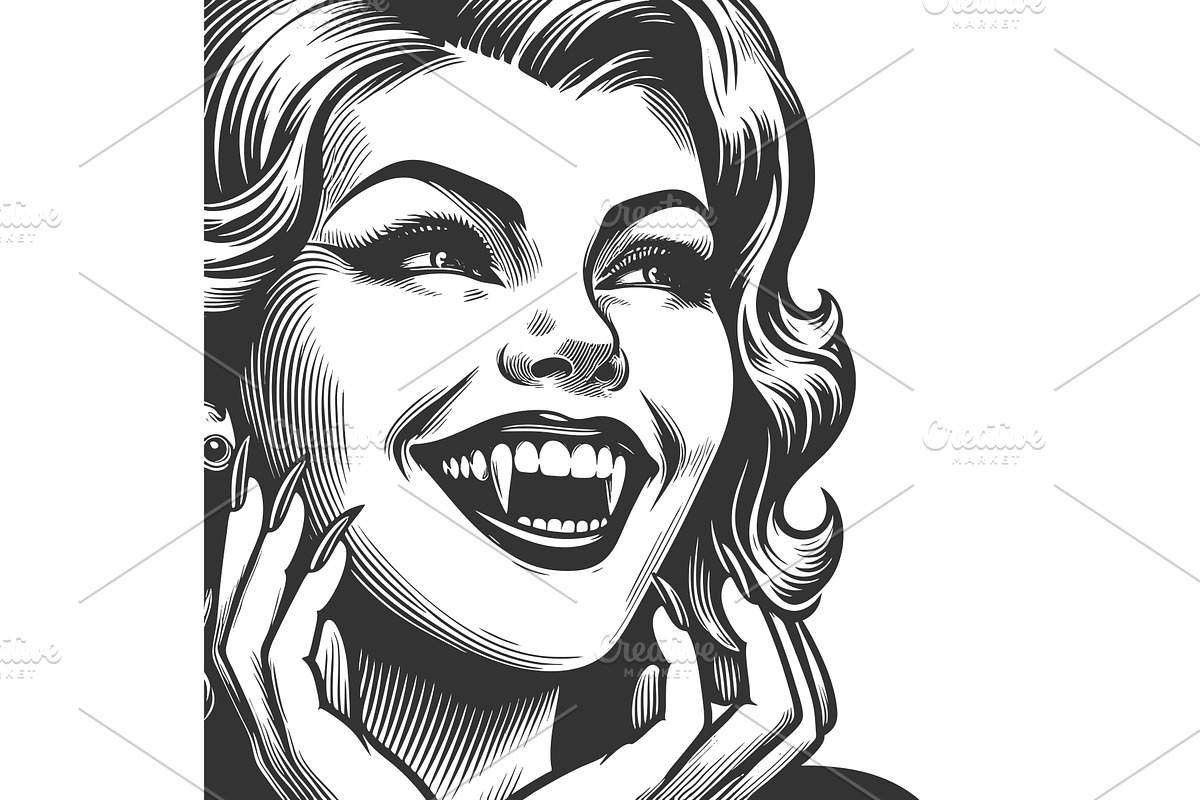 Smiling Female Vampire engraving, a Person Illustration by AlexArt