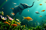 Elephants Swimming with Fish Under a, an Animal Illustration by Sharon Schwalbe (Thumbnail 2 of 2)