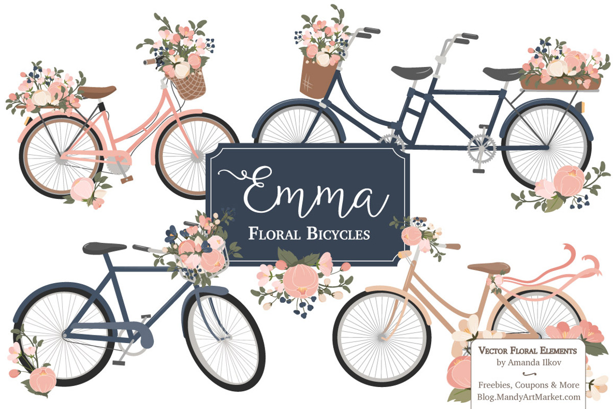Navy & Pink Floral Bicycles Clipart, an Illustration by Amanda Ilkov (Photo 1 of 5)