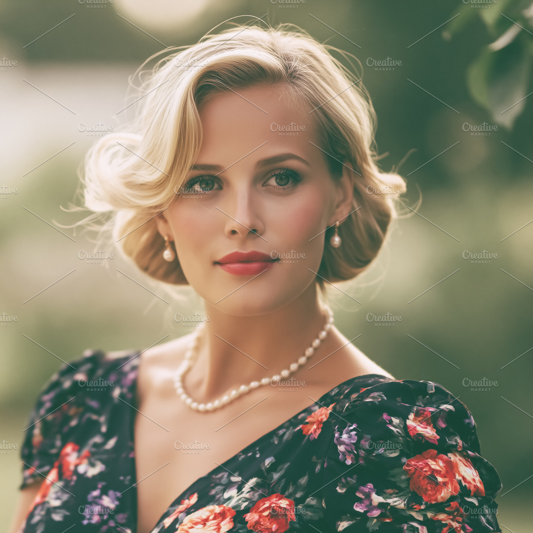 Blonde woman wearing a floral dress and pearl necklace, capturin, a Person Photo by Studio ANNA