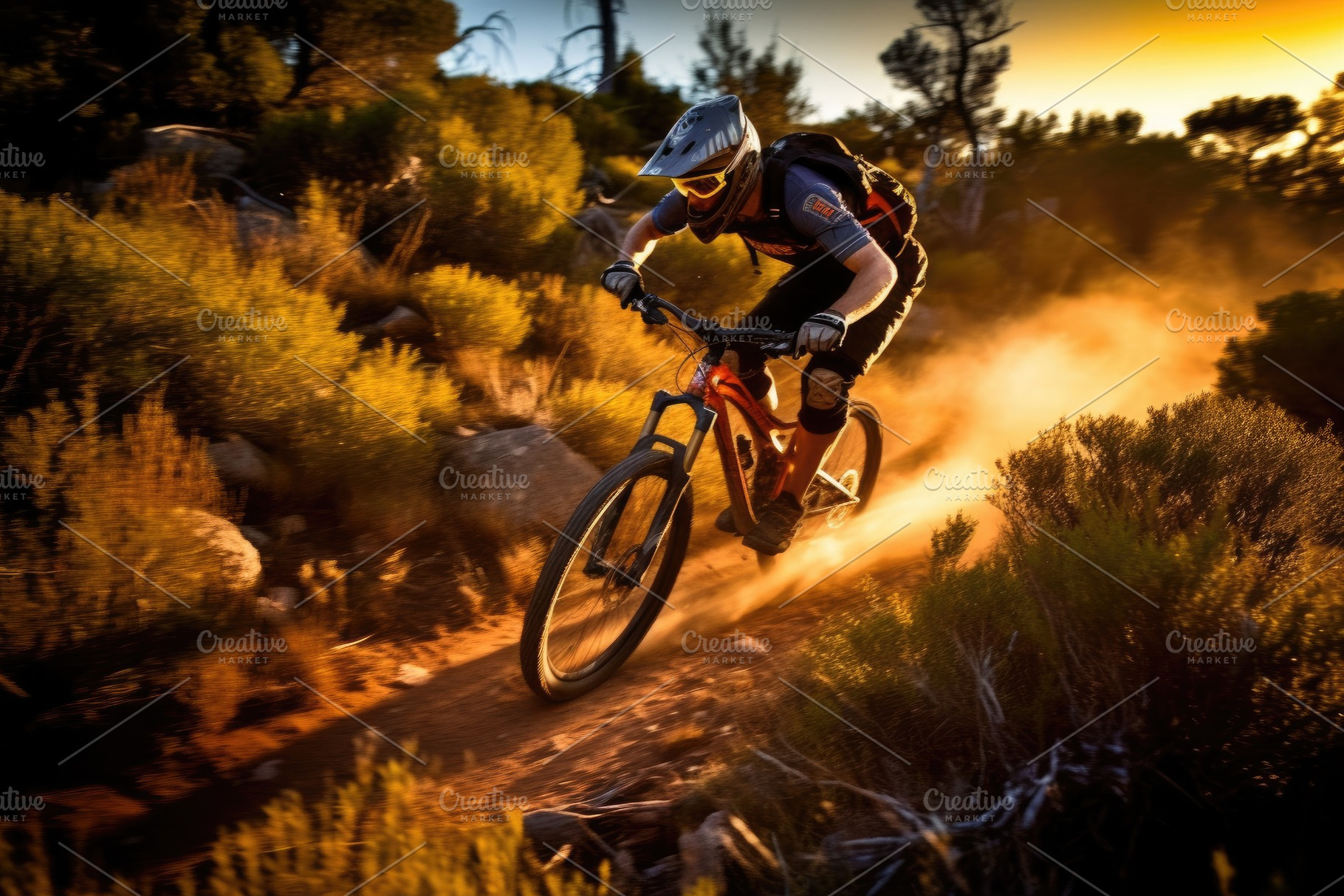 An action shot of a mountain biker speeding downhill on a rugged, a Sports & Recreation Photo by designvectx