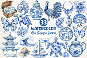 Blue Chinoiserie Summer Clipart, an Illustration by Dream Creation (Thumbnail 1 of 6)