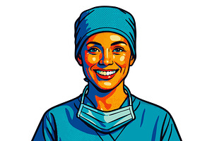 Smiling Female Surgeon in Pop Art, a Healthcare Illustration by AlexArt