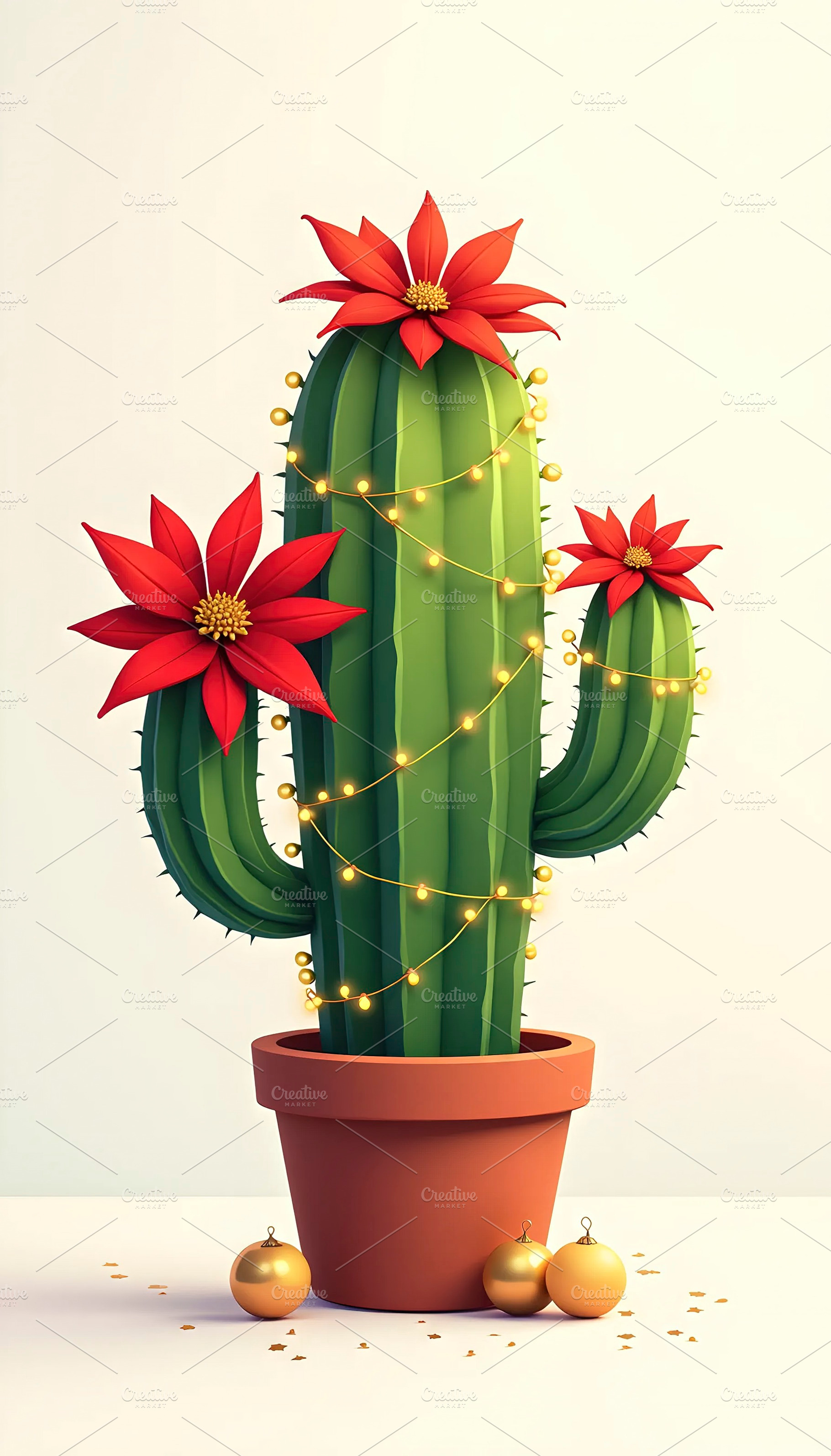 Festive Cactus Decorated with Red Po, a Photo by LOGOCREATIVE