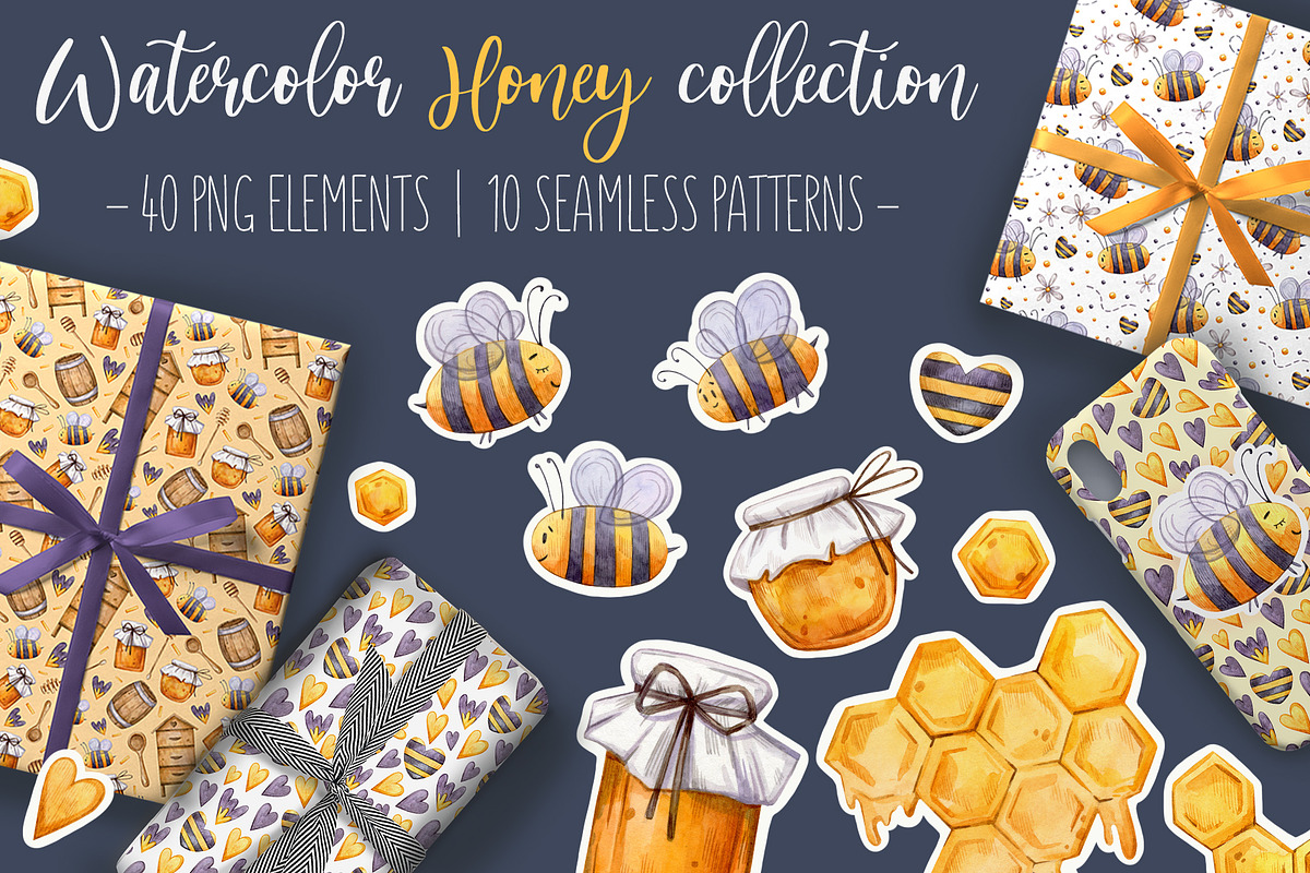 Watercolor Honey Bee collection, an Animal Illustration by Aquarellka (Photo 1 of 6)