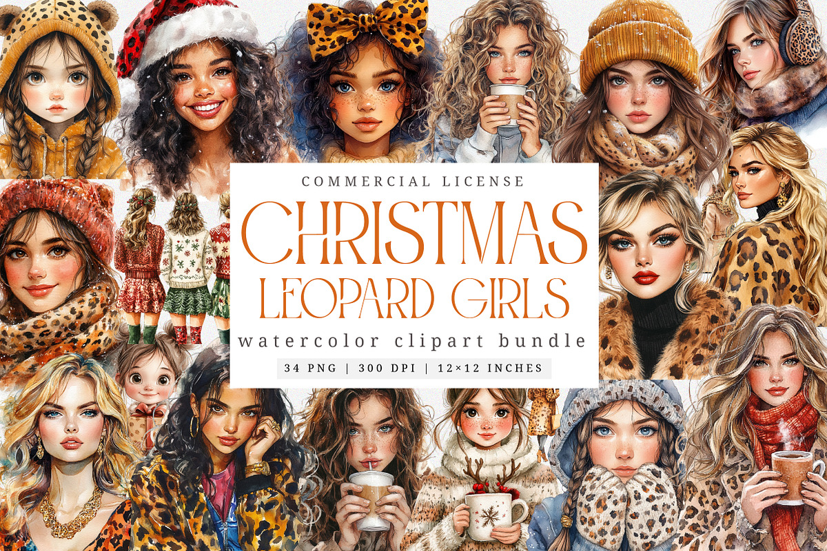 Leopard Girl Christmas Girly Clipart, an Illustration by SinaCreation (Photo 1 of 7)