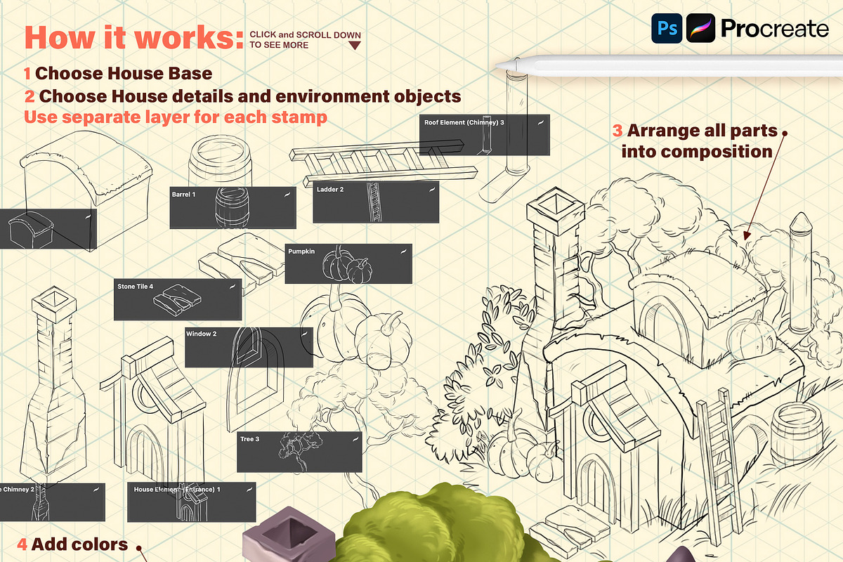 ISOMETRIC TOWN PROCREATE PS CREATOR, a Brush Add-On by AlexandraArt (Photo 3 of 12)