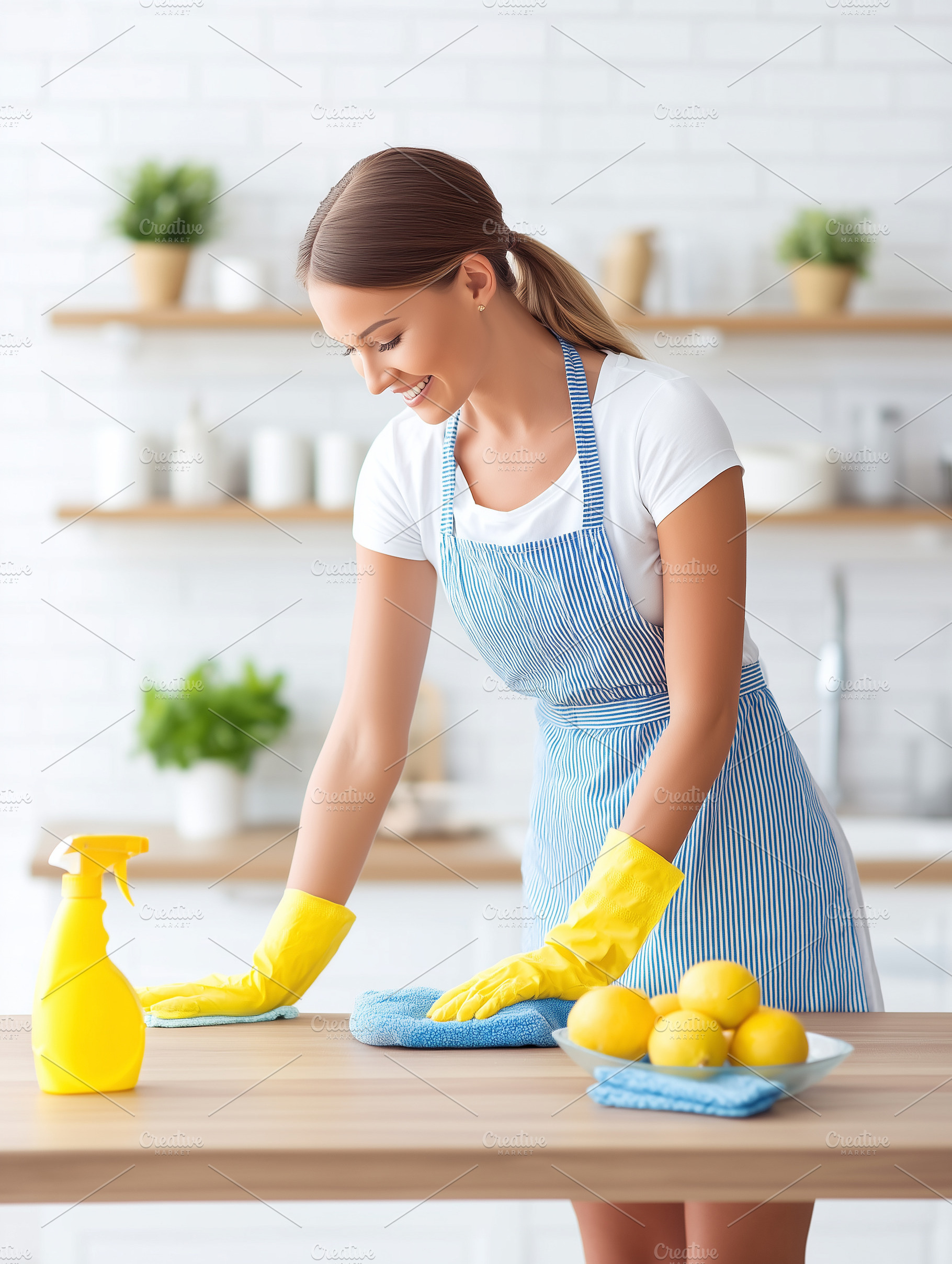 Smiling woman in apron cleaning, a Person Photo by MistyDay