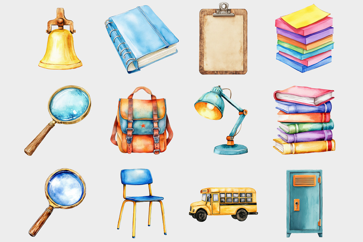 Watercolo Cute School Clipart, a Seasonal Illustration by Design Market (Photo 2 of 5)