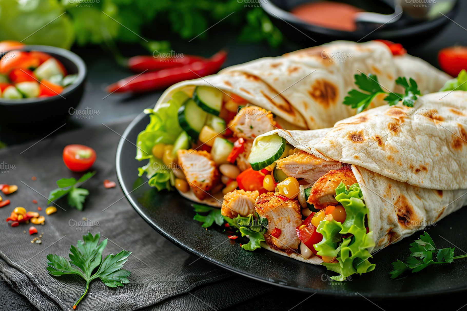 Tortilla wrap with fried chicken and fresh vegetables on grey background, a Food & Drink Photo by AlyaAnd