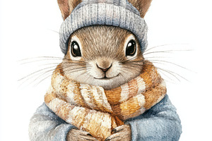 Cute squirrel in winter hat and scar, an Animal Photo by Pixeness Studio