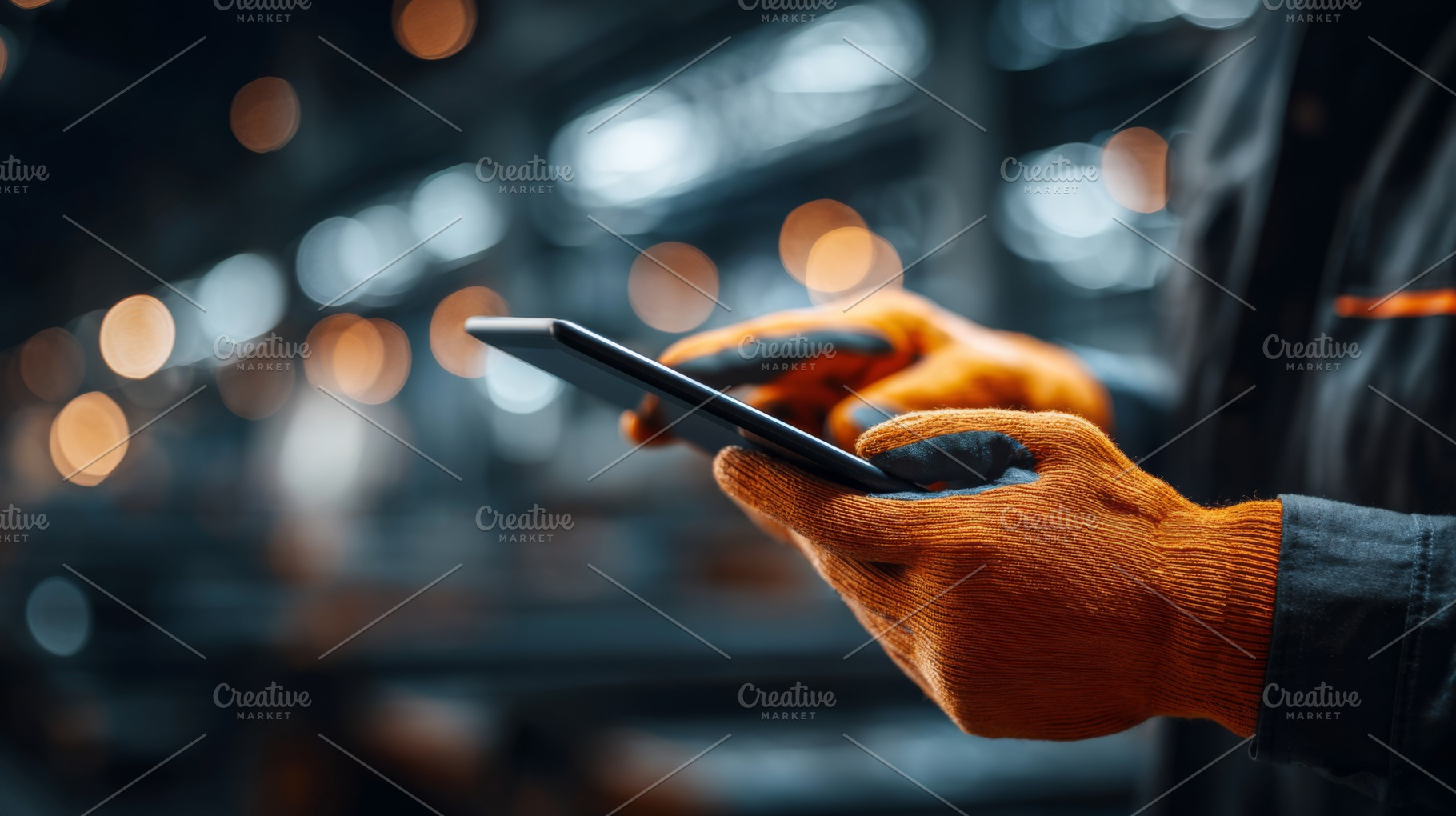 A worker wearing orange gloves interacts with a smartphone in a factory setting, a Business Photo by ImageMir