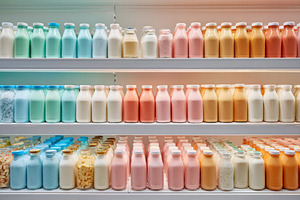 Colorful milk bottles in a refrigerator, a Food & Drink Photo by AlyaAnd