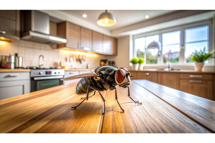 A giant fly on a kitchen table