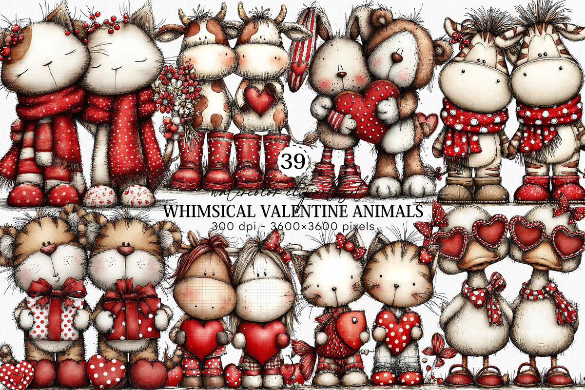 Whimsical Valentine Animals Clipart, an Illustration by Canvas Craft (Photo 1 of 6)