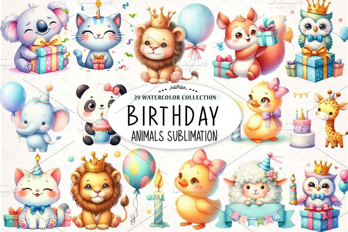 Minimalist Birthday Animal Clipart, an Illustration by Watercolor design (Photo 1 of 4)