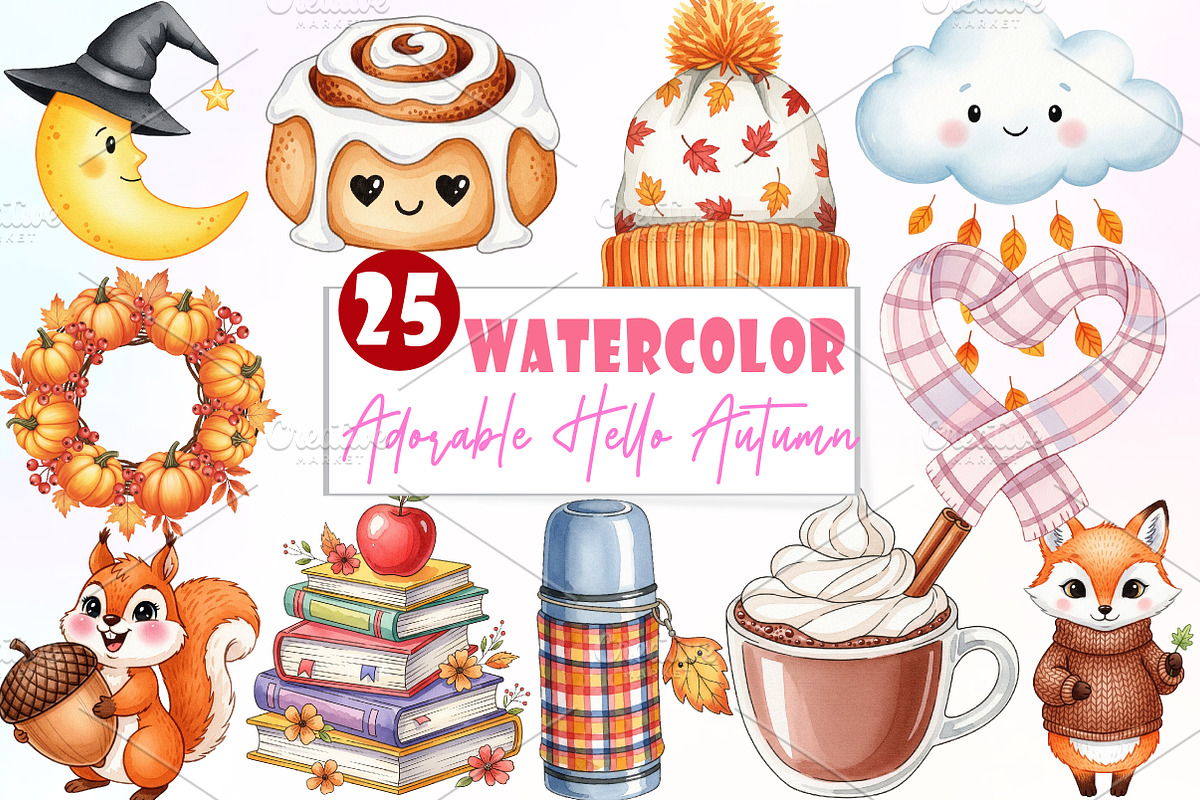 Adorable Hello Autumn Clipart, an Illustration by Watercolor design (Photo 1 of 6)