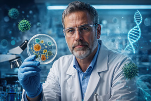 Microbiologist analyzing microbiolog
