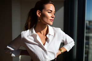 A poised young Caucasian woman in a white blouse gazes thoughtfully out a windo, a Person Photo by ImageMir