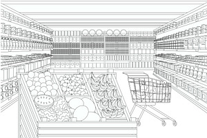 Perspective view supermarket store, an Illustration by Lemberg Vector