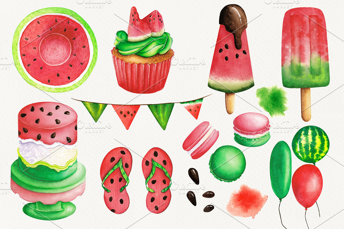 Watercolor Watermelon party clipart., a Food Illustration by NinaBrai (Photo 2 of 5)