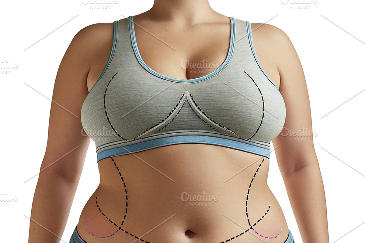 Curvy female torso front view, with curved dotted lines around w, a Healthcare Illustration by DanFLCreativo