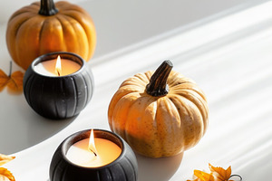 Elegant Halloween pumpkins with black candles and copy space, a Nature Photo by José Manuel Gelpi