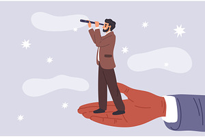 Large hand holds man with spyglass, an Education Illustration by Vectorbuum