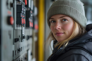 A young woman relay protection and automation engineer wearing a beanie and a w, a Person Photo by Textures & Backgrounds