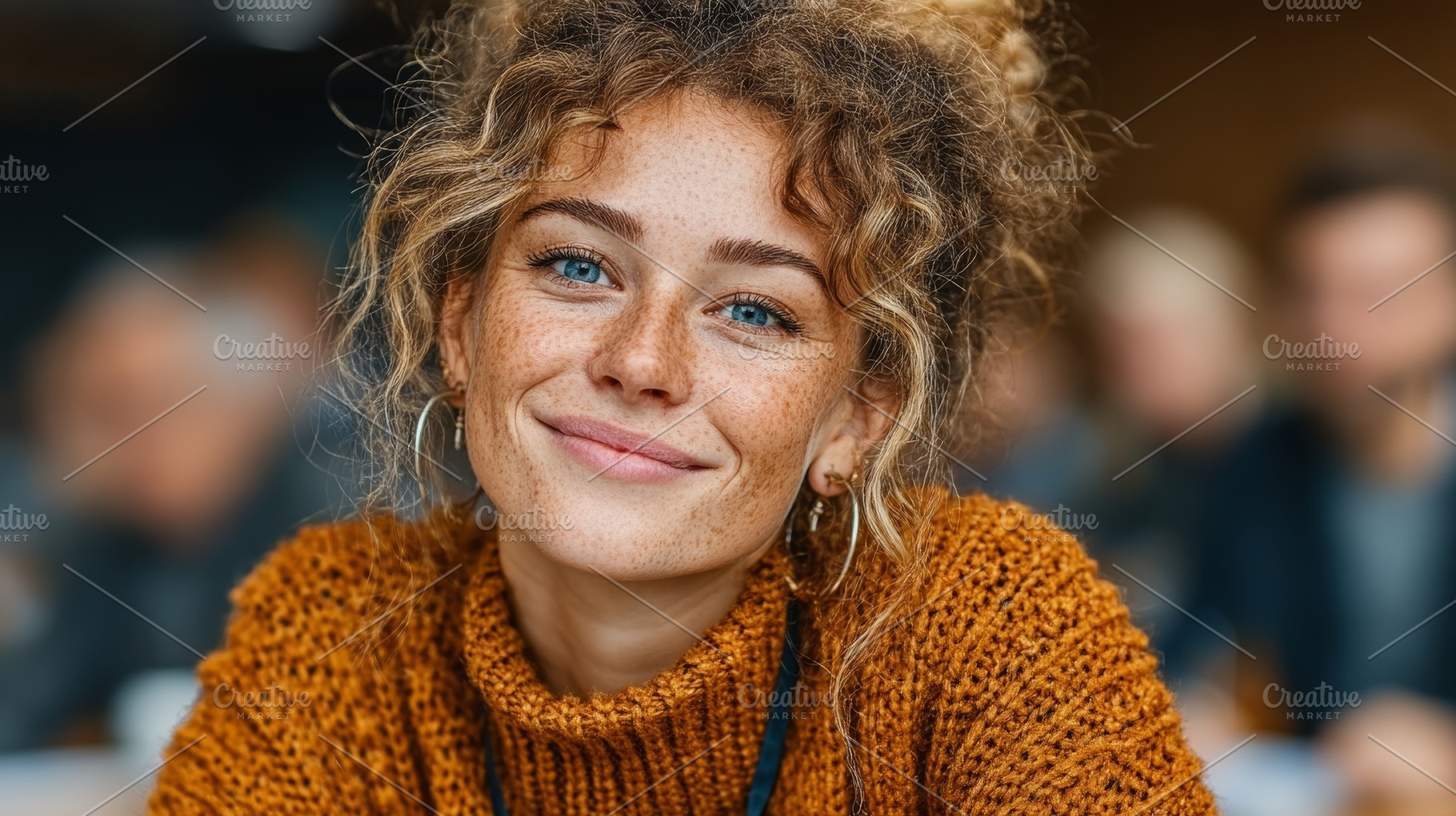 Smiling woman in cozy sweater with curly hair in a warm atmosphere, a Person Photo by AS photostudio