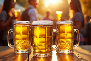 Beer mugs in the rays of the setting, a Food & Drink Photo by Volff