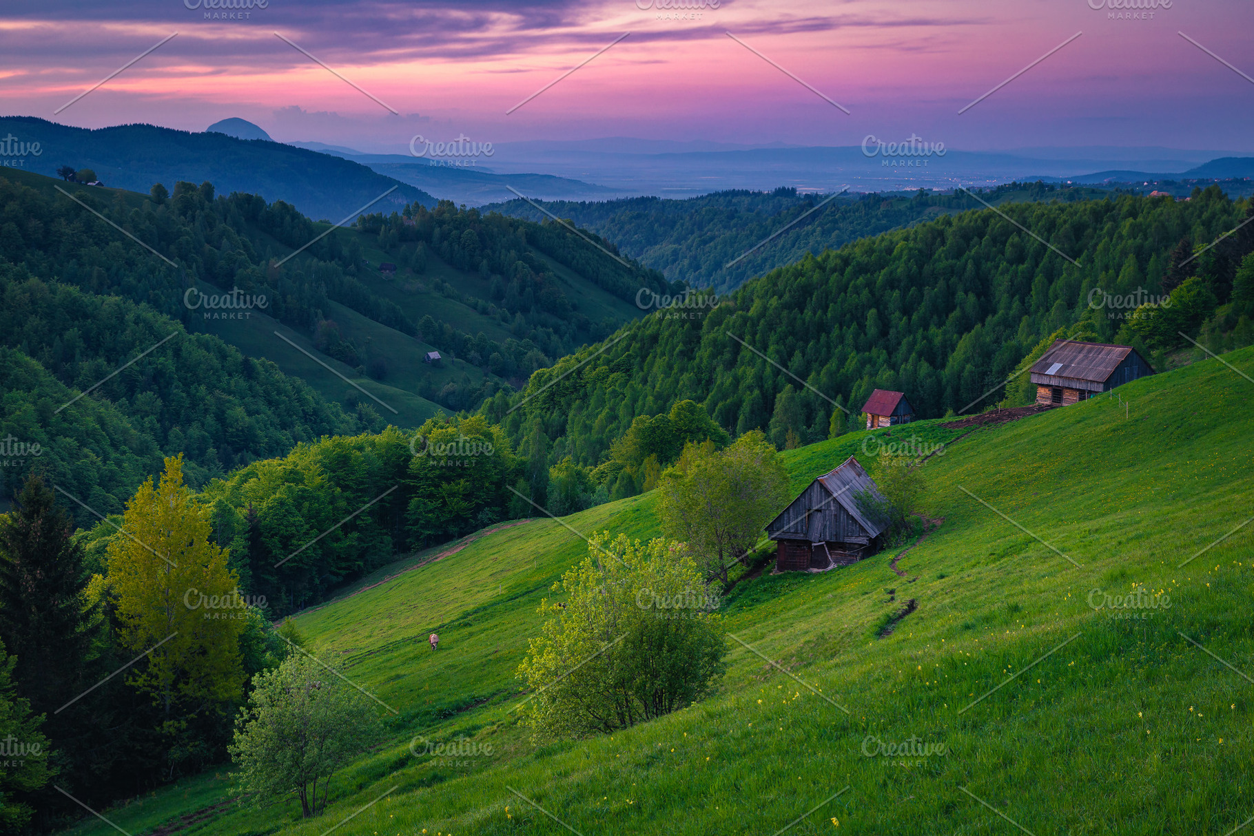 Wooden huts on the slope at sunset, an Architecture Photo by Alpine Dreams
