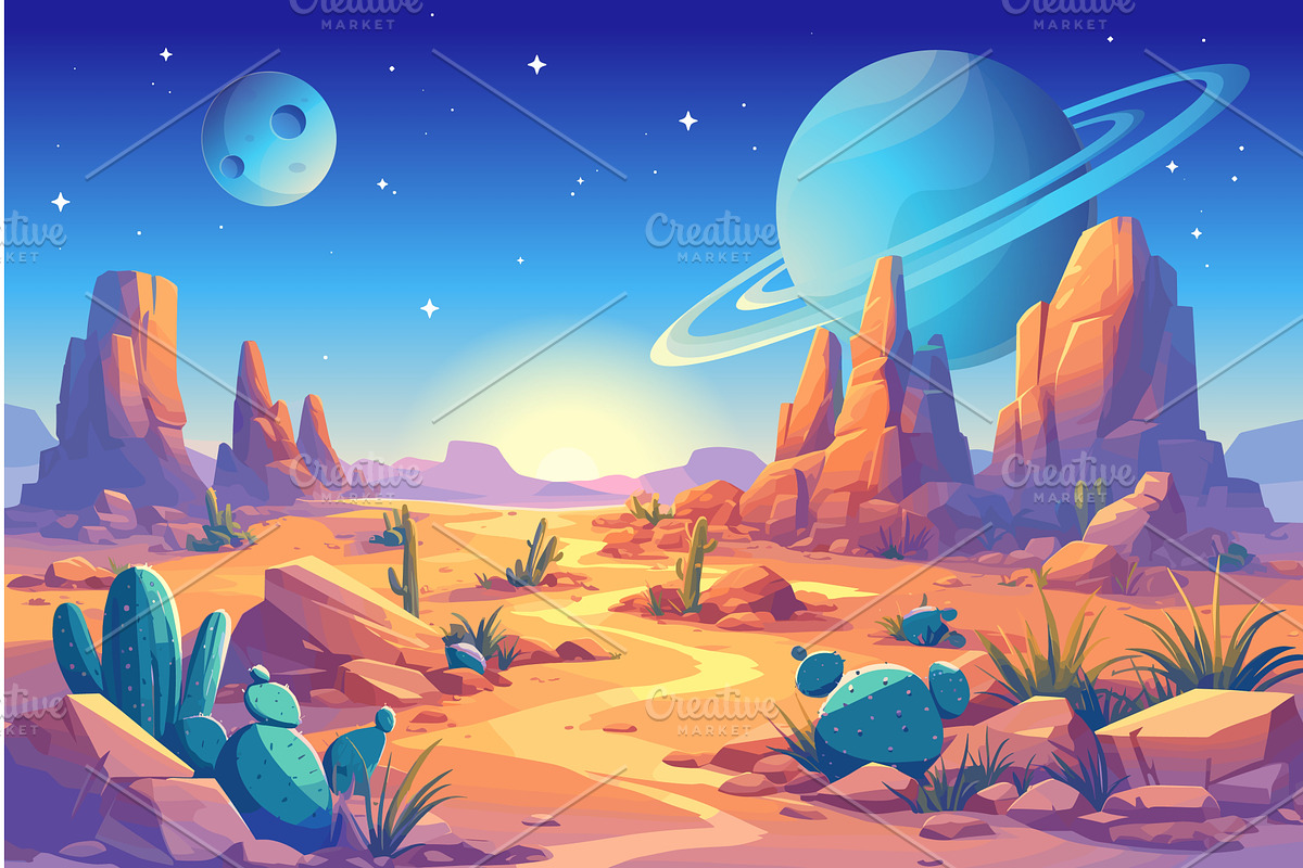 Alien landscape with sunset over, an Illustration by LadadikArt