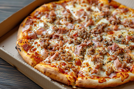 Fresh homemade pizza with cheese and meat in cardboard box, a Food & Drink Photo by AlyaAnd