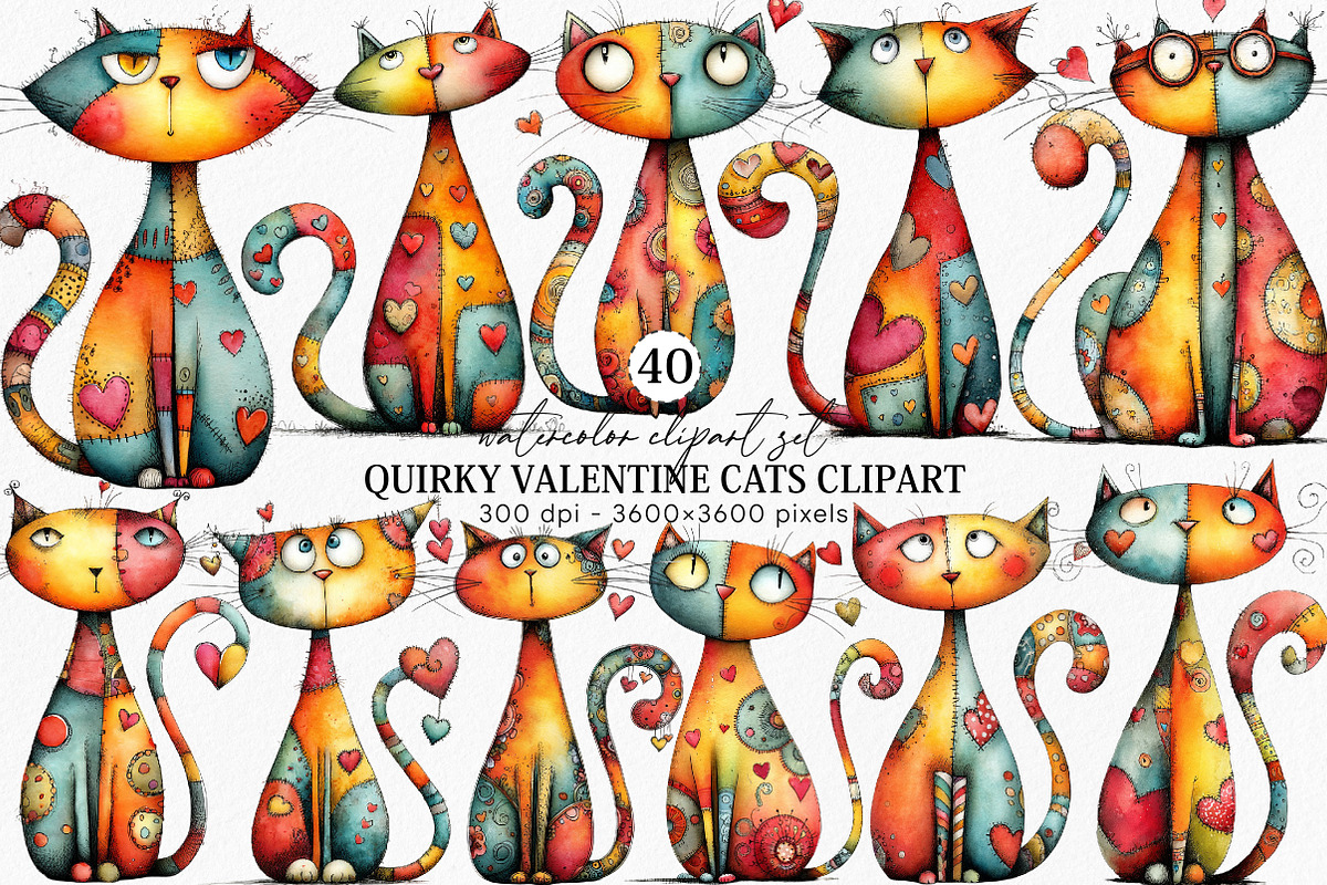 Quirky Valentine Cats Clipart Bundle, an Illustration by Canvas Craft (Photo 1 of 6)