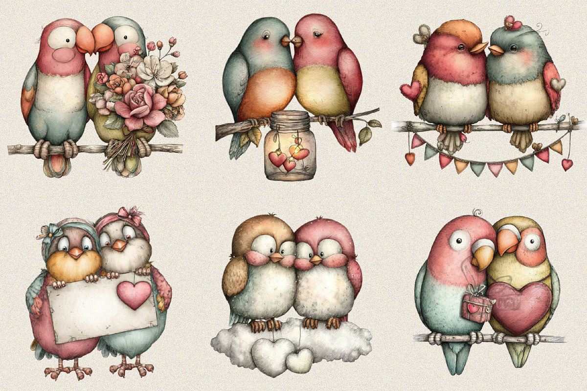 Quirky Love Birds Valentine Clipart, an Illustration by SVGArt