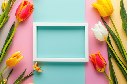 Spring's Elegance: Tulips & Frame on Pastel Blue - A Generative AI Creation, a Photo by José Manuel Gelpi