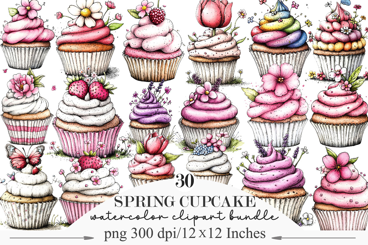 Watercolor Spring Cupcake Clipart, an Illustration by Designking (Photo 1 of 5)