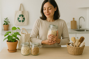 Woman holding jar of grains in eco-f, a Photo by Dvoevnore photos