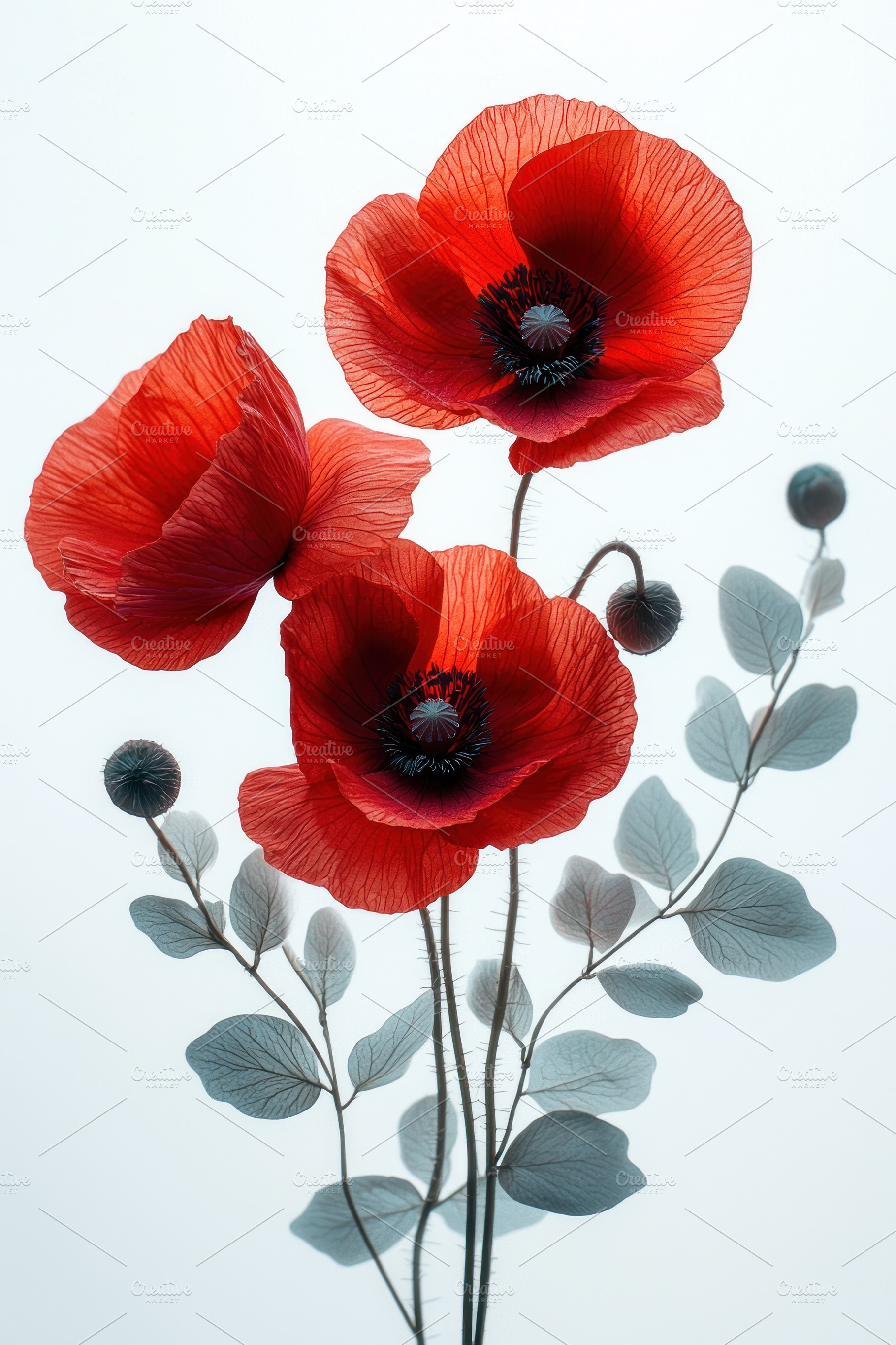 Three vivid red poppies with translucent petals and delicate ste, a Nature Photo by José Manuel Gelpi