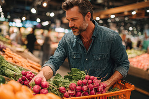 Man shopping for fresh radishes at a, a Photo by Pixeness Studio