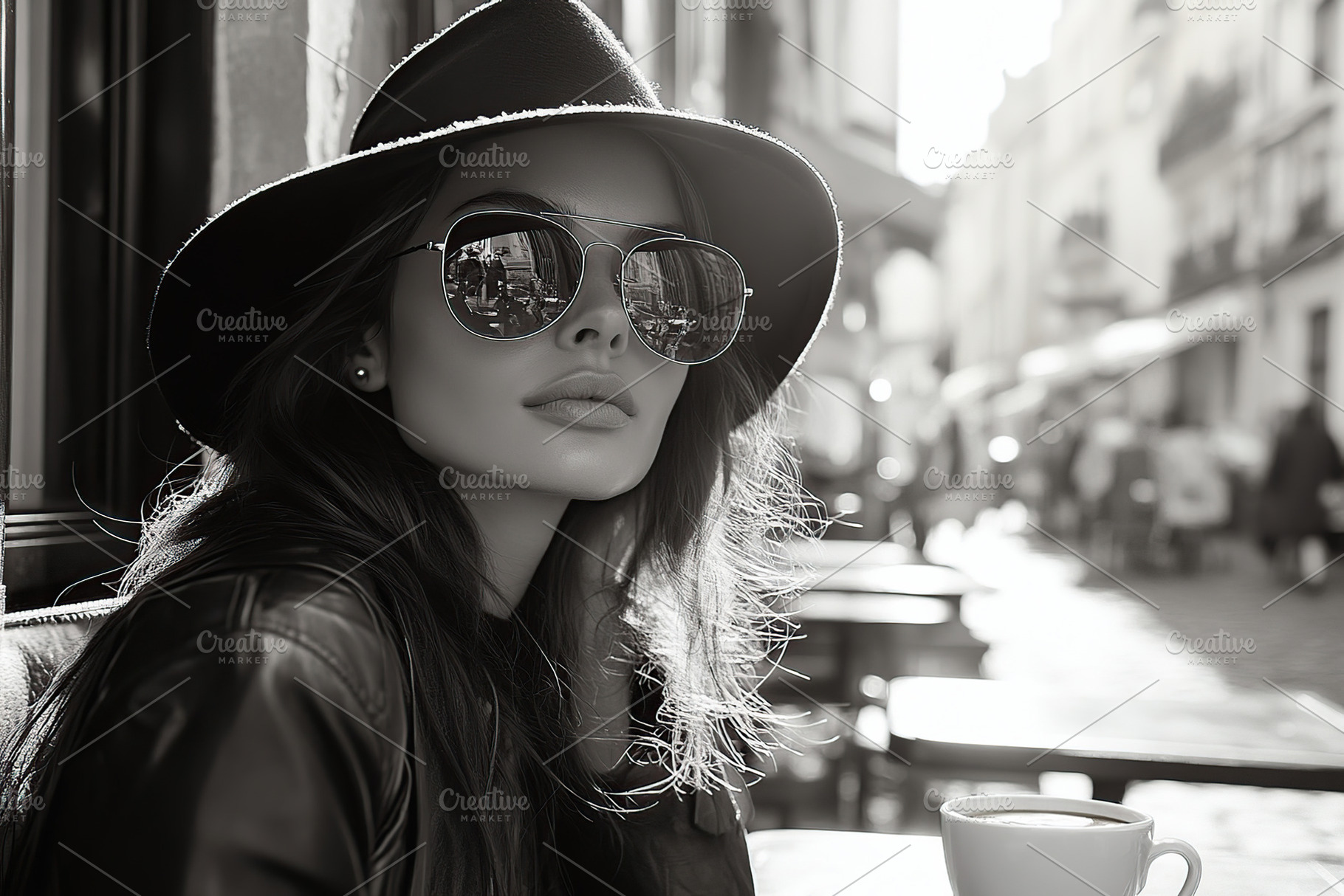 Attractive woman resting in outdoor cafe, photo in black and whi, a Person Photo by AlyaAnd