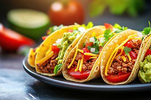 Vegetarian tacos with guacamole, cheese and tomatoes on a plate, a Food & Drink Photo by AlyaAnd