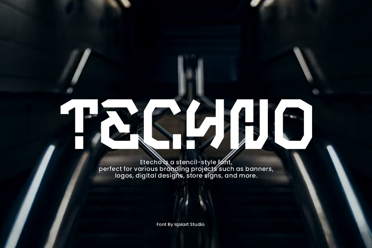 Etecho - Stencil Tech Font, a Sans Serif Font by Iqsiart Studio (Photo 2 of 7)