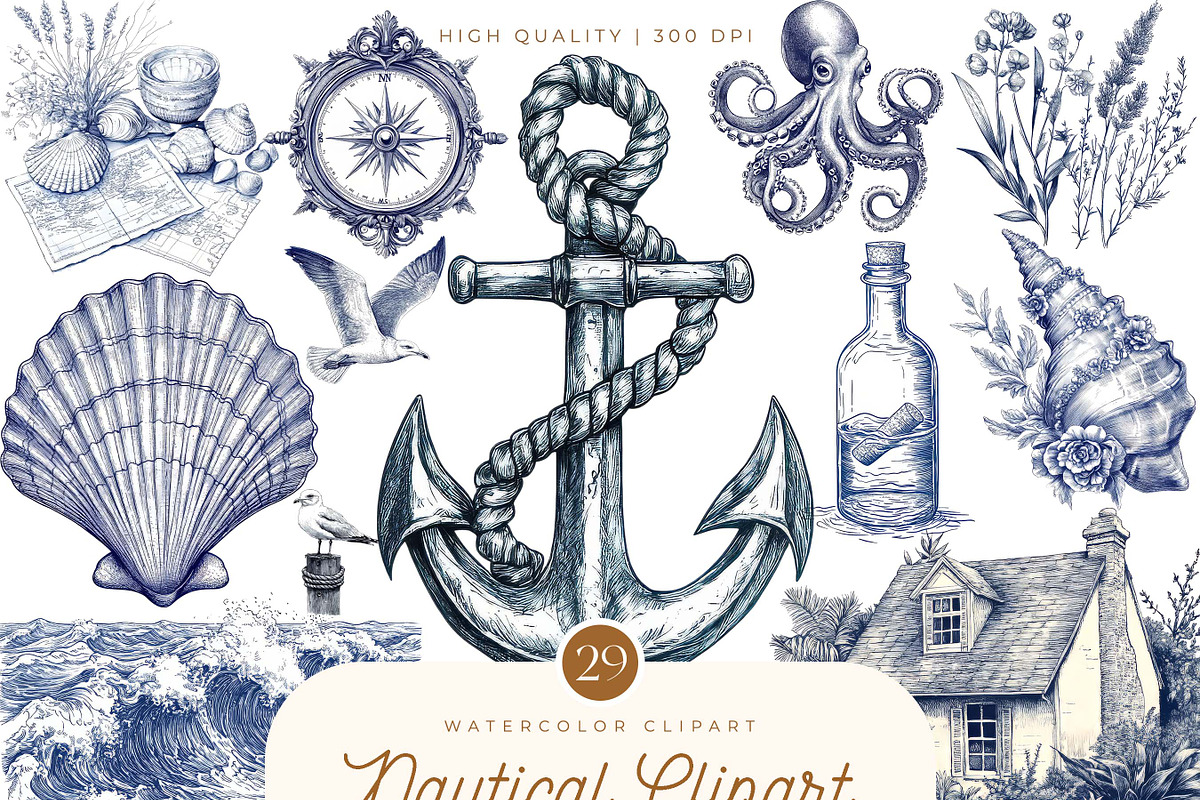 Watercolor Nautical Clipart, an Object Illustration by SparkyDesignsUS (Photo 1 of 9)