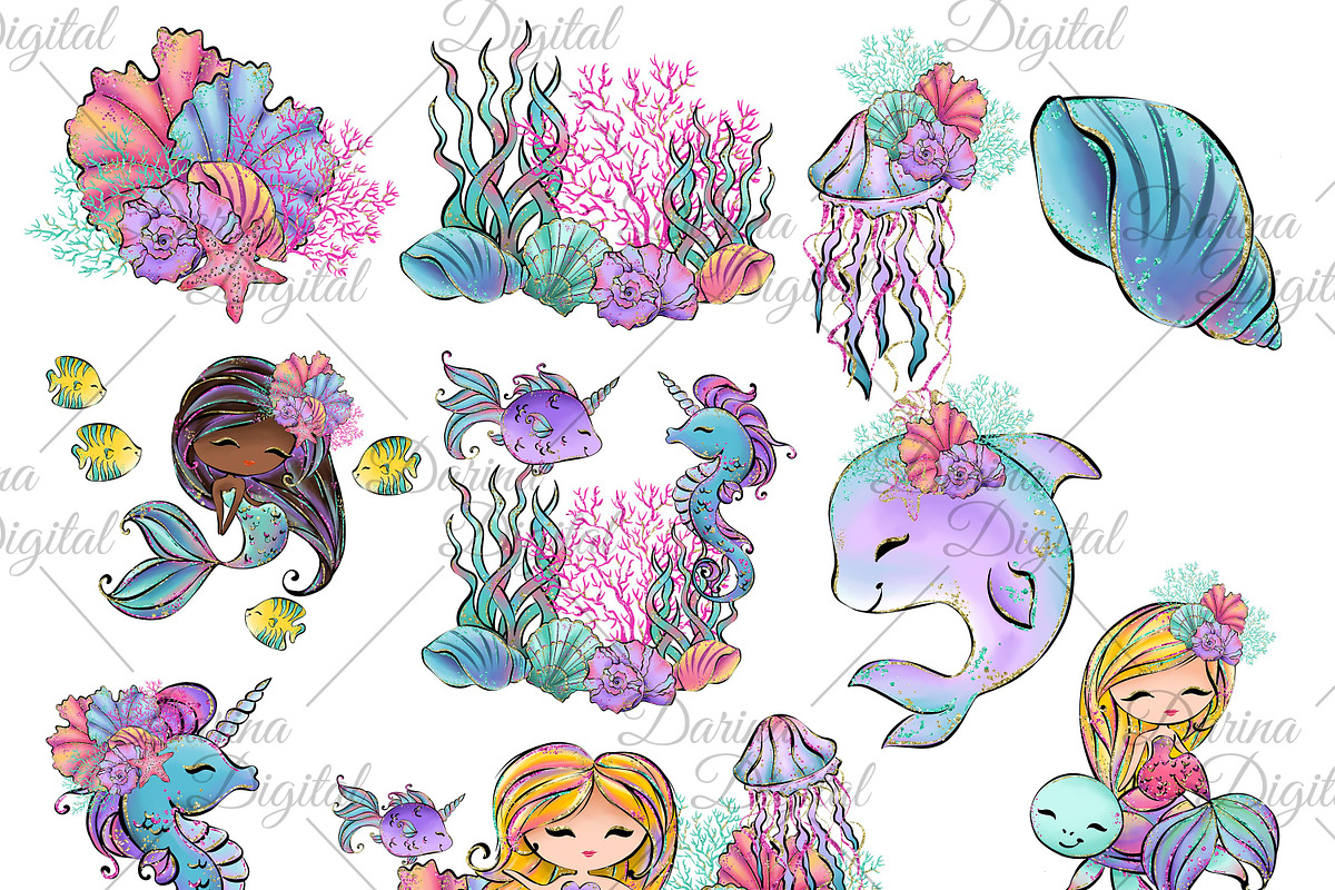 Mermaid clipart, an Animal Illustration by DarinaDigital (Photo 2 of 5)