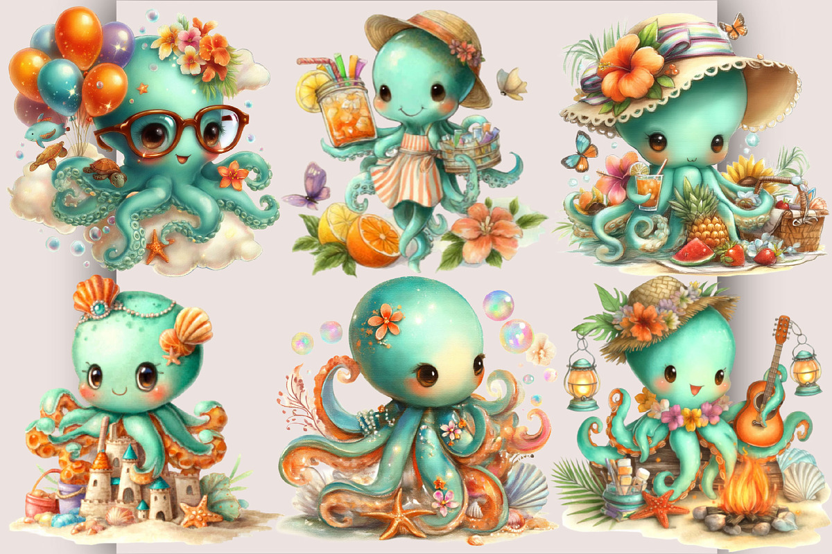 Watercolor Summer Octopus Clipart, an Animal Illustration by SVGArt (Photo 2 of 5)